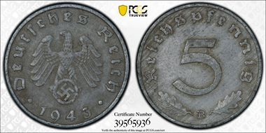 1943-B 5 Pfg J-370 AU50