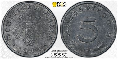 1944-F 5 Pfg J-370 AU58