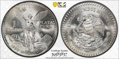 1989-Mo Onza Libertad Ag w/o Dot 999 MS66