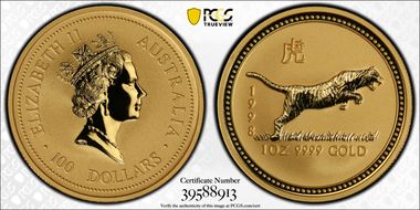 1998 $100 Year of the Tiger Au MS70