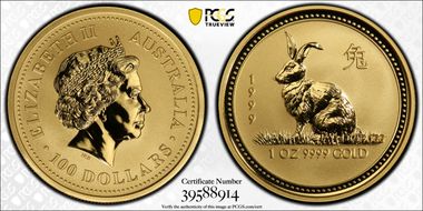 1999 $100 Year of the Rabbit Au MS70
