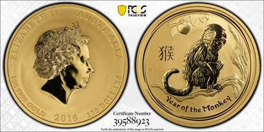 2016-P $100 Year of the Monkey Au MS70