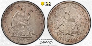 1853 50C Arrows & Rays MS62