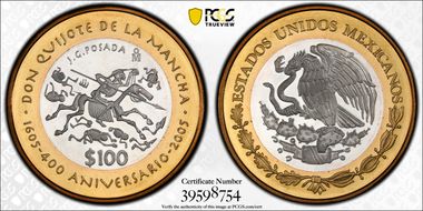 2005-Mo 100 P 400th Ann Don Quijote KM-705  Ag / Ai-Brass PL69