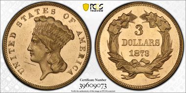 1873 $3 Closed 3 MS63PL