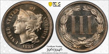 1887/6 3CN Strong Overdate PR67CAM