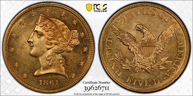 1861 $5 MS63+