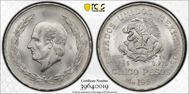 1953-Mo 5 Peso Hidalgo KM-467 Ag MS66