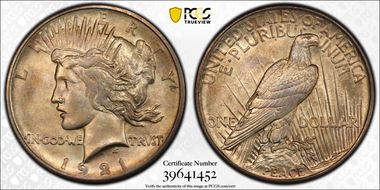 1921 $1 High Relief, Peace MS66