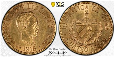 1915 4 Peso KM-18  Au AU58