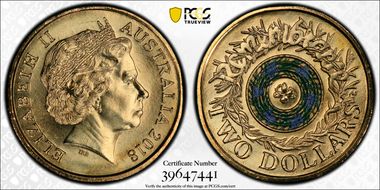 2018 $2 Remembrance Day Rosemary 30th Ann. $2 Coin Colorized MS67