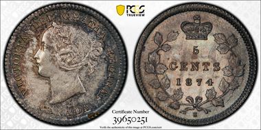 1874-H 5C Small Date, Plain 4 MS64