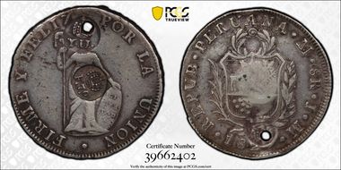 (1834-37) 8 R F.7.0 & Y.II., Dbl Y.II. C/M on Holed KM-142.1 8R VF30