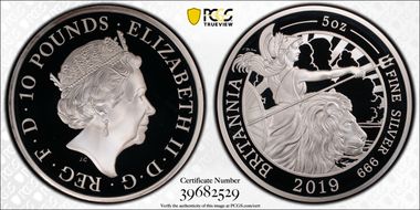 2019 £10 Britannia 5oz Ag PR68DCAM