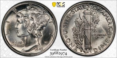 1943-S 10C Trumpet Tail MM FS-511 MS66FB