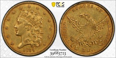 1834 $5 Classic Head, Plain 4 AU55