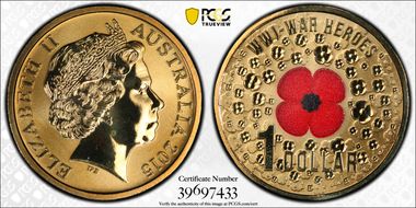 2015 $1 WWI War Heroes-Red Poppy Colorized MS68