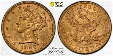 1892 $5 MS62