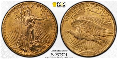 1908 $20 Motto MS64