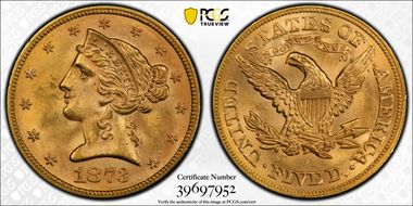 1873 $5 Open 3 MS64+