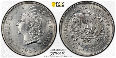 1963 Peso 100th Anniv Republic KM-30 Ag MS65