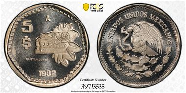 1982-Mo 5 Peso Quetzalcoatl KM-485 PR69DCAM