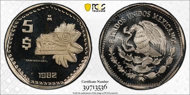 1982-Mo 5 Peso Quetzalcoatl KM-485 PR68DCAM