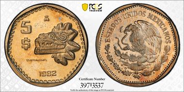 1982-Mo 5 Peso Quetzalcoatl KM-485 PR67DCAM
