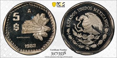 1982-Mo 5 Peso Quetzalcoatl KM-485 PR69DCAM