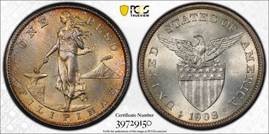 1908-S Peso KM-172  Ag MS64+