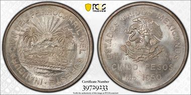 1950-Mo 5 Peso Southeastern Railroad KM-466  Ag MS67