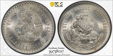 1947-Mo 5 Peso Cuauhtemoc KM-465 Ag MS65