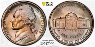 1938-D 5C Jefferson MS67+ FS