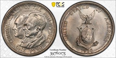 1936-M Peso Roosevelt-Quezon KM-177  Ag MS64