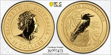 2020-P $15 Kookaburra 1/10thoz Au  30th Anniversary MS69