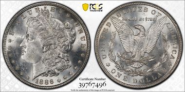 1886 $1 VAM 1C, 3+2 Rev. Clash MS63