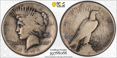 1921 $1 High Relief, Peace VG10