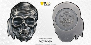 2017 $5 Pirate Skull Antique Finish MS70