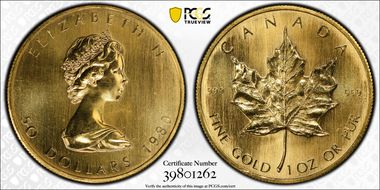 1980 $50 Maple Leaf 1oz Au MS67