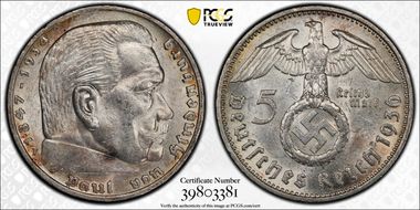 1936-F 5 Mk Swastika J-367 AU58