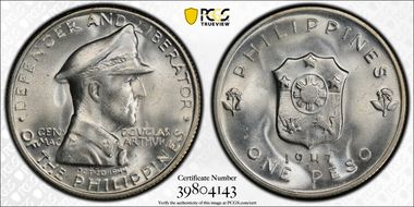1947-S Peso Douglas MacArthur KM-185  Ag MS65