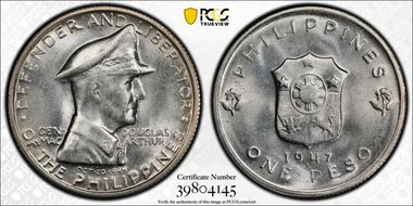1947-S Peso Douglas MacArthur KM-185  Ag MS64