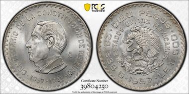 1957-Mo 10 Peso Constitution KM-475  Ag MS66+