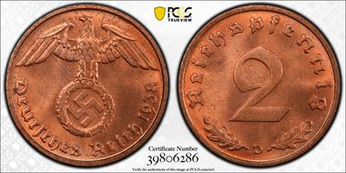 1938-D 2 Pfg J-362 MS65RD