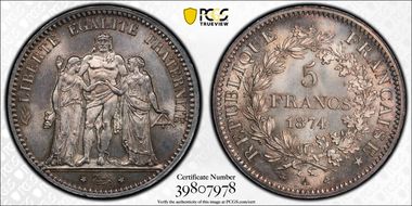 1874-A 5 Fr Gad-745a F-334 MS66