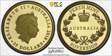 2018 $25 Perth Mint Sov.  Au PR70DCAM