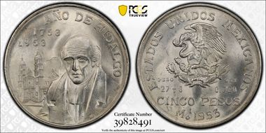 1953-Mo 5 Peso Hidalgo KM-468  Ag MS66