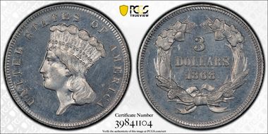 1868 $3 J-655 PR64