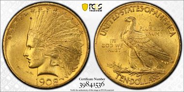 1908 $10 Motto MS64+