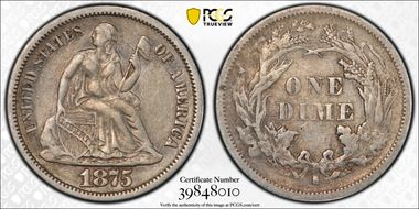 1875-S 10C Mintmark Below, F-101 VF30